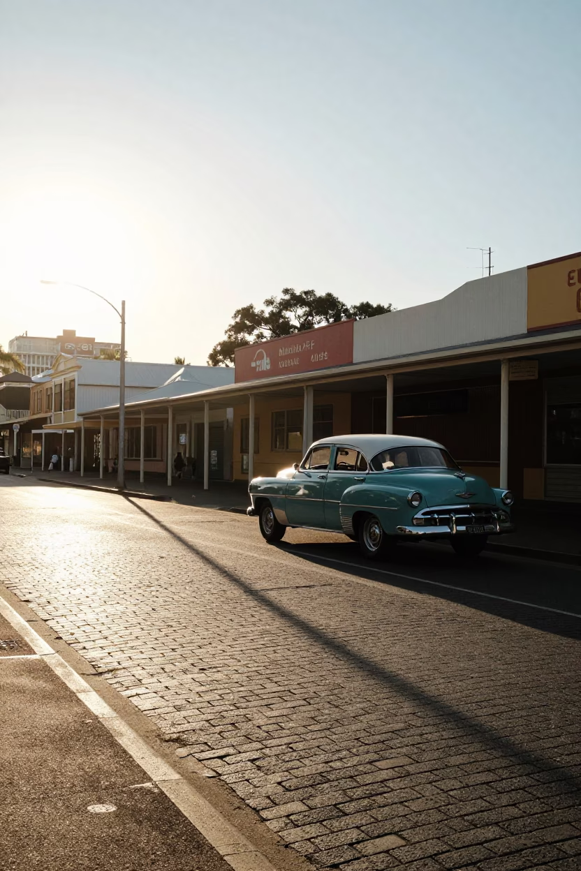 Adelaide 1950s Late Afternoon Street Scene with Vintage Automobile and Local Pedestrians in in Adelaide, South Australia, Australia