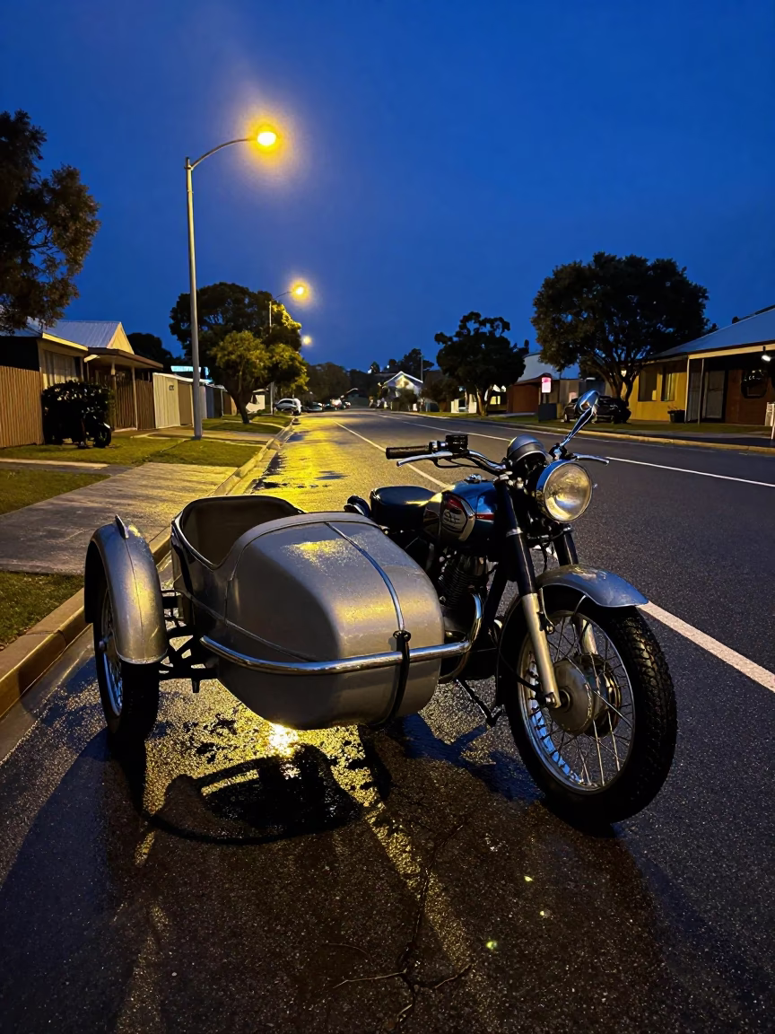Adelaide 1950s Motorcycle at Midnight Light in in Adelaide, South Australia, Australia