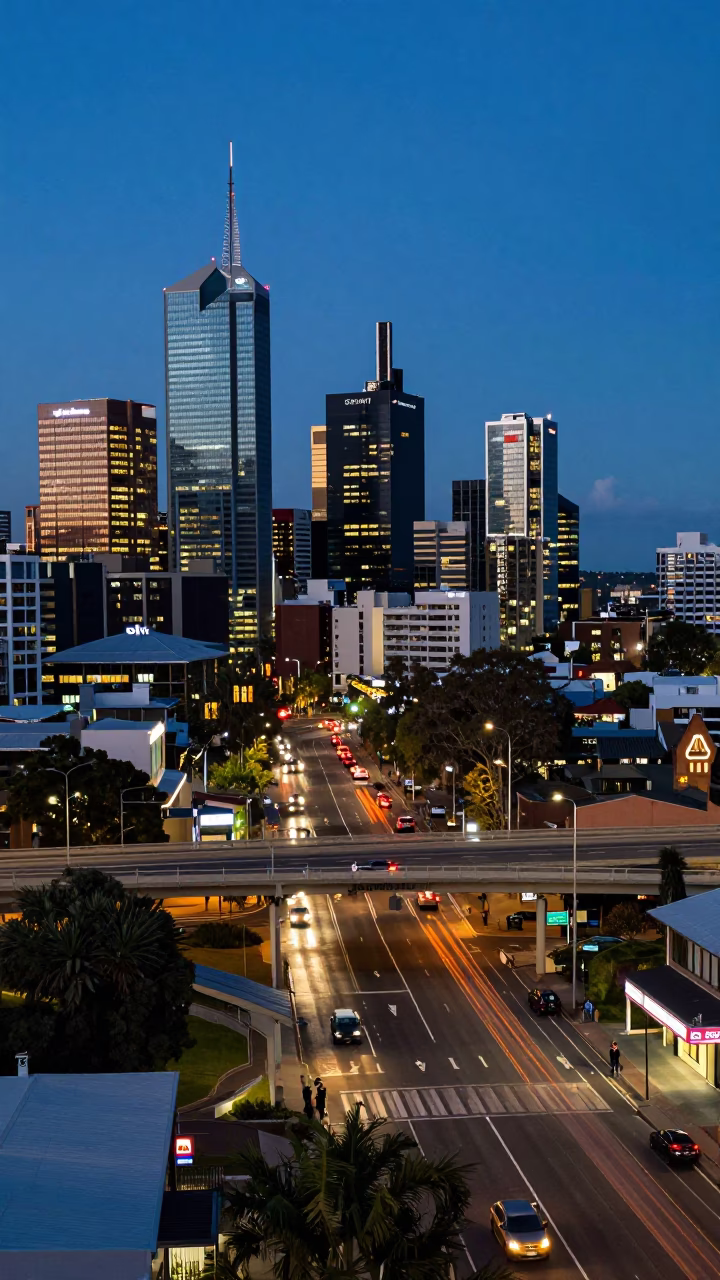 Adelaide Blue Hour Street Scene with Taillight Streaks and Urban Interchange in in Adelaide, South Australia, Australia