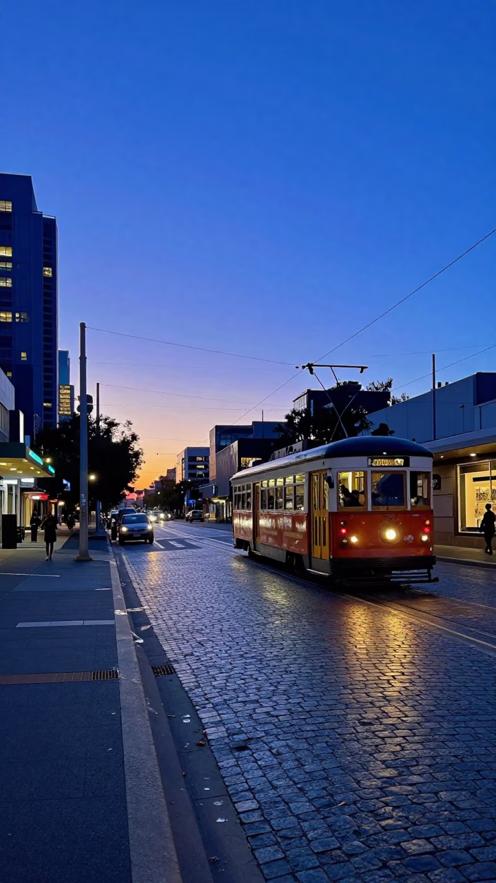 Adelaide Blue Hour Tram Reflections on Cobblestone Streets at Sunset in in Adelaide, South Australia, Australia
