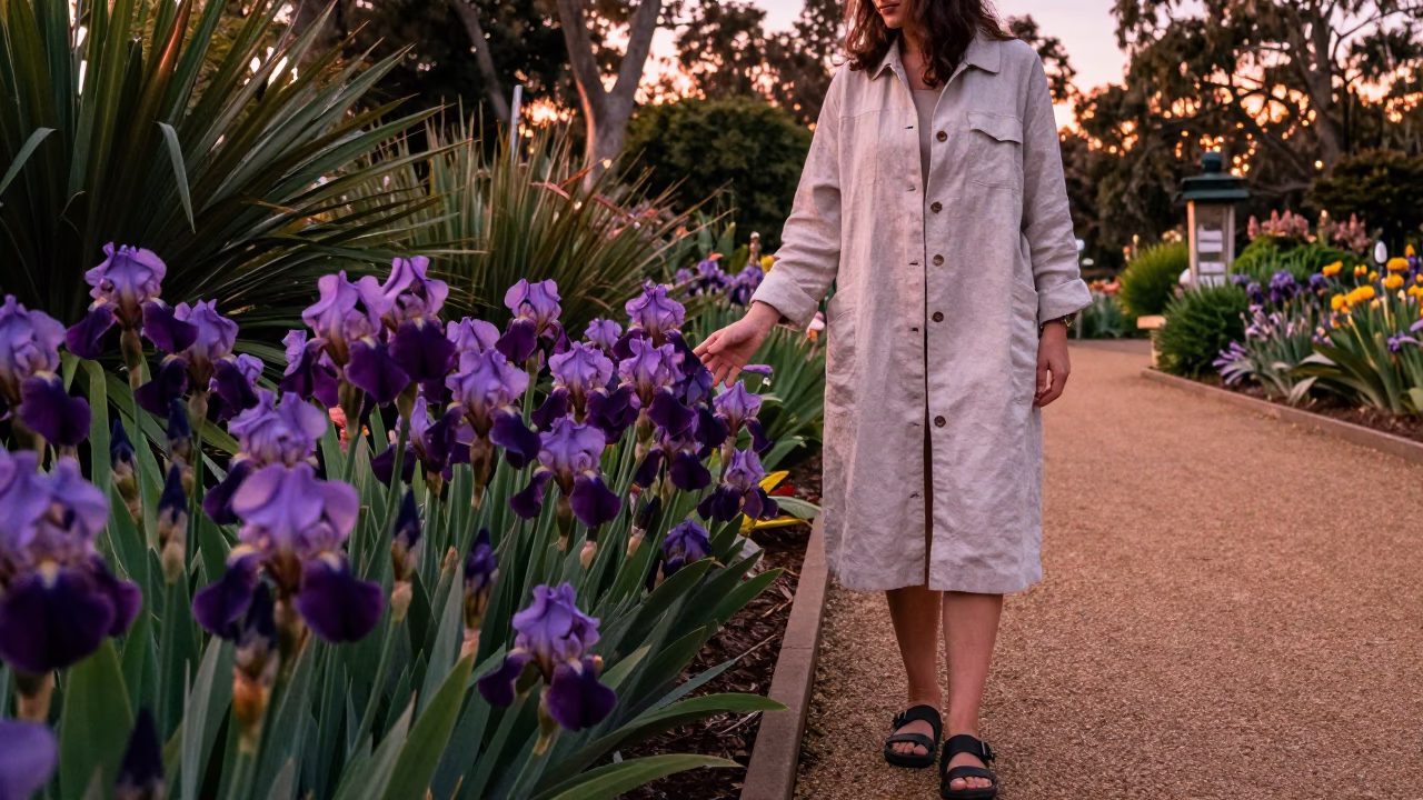 Adelaide Botanic Garden Evening Walk with Iris Blossoms and Copper Light in in Adelaide, South Australia, Australia