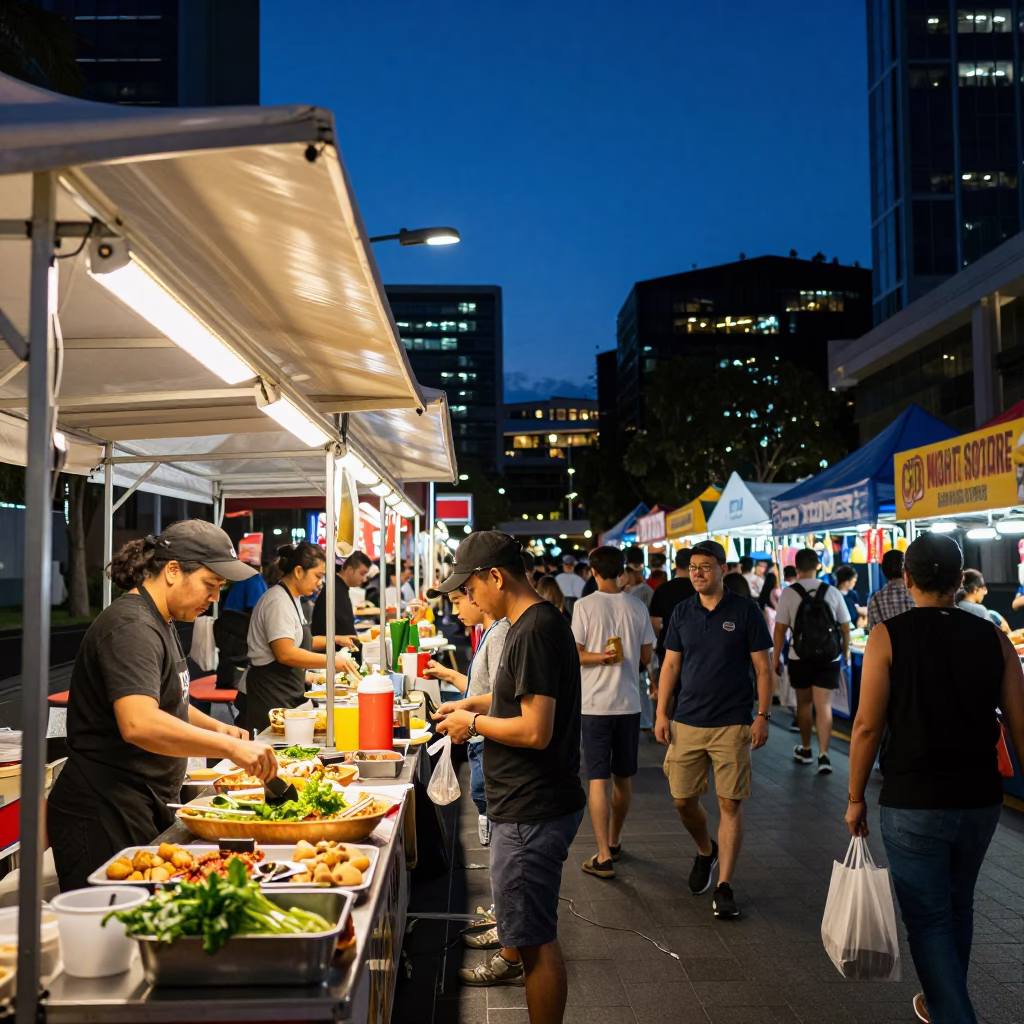 Adelaide CBD Night Market Food Stalls and Crowds in Predawn Darkness in in Adelaide, South Australia, Australia