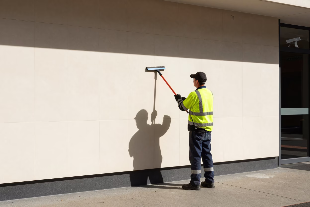 Adelaide City Council Worker Cleaning Ceramic Tiles at Rundle Mall Midmorning in in Adelaide, South Australia, Australia
