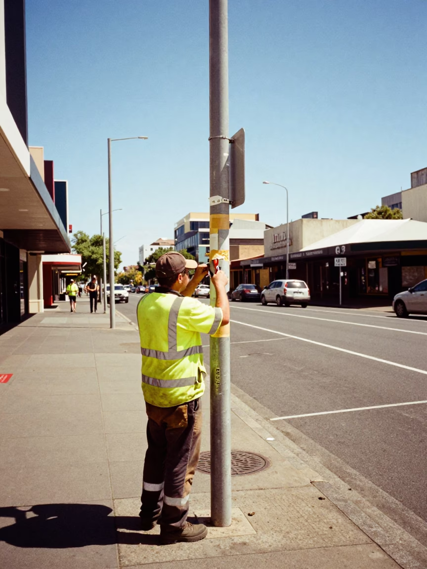 Adelaide City Council worker repairing kerbside street sign with seam ripper under noon glare in in Adelaide, South Australia, Australia
