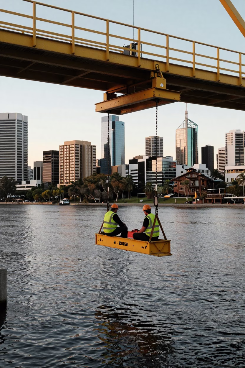 Adelaide City Council workers on bridge maintenance cradle over River Torrens at dusk in in Adelaide, South Australia, Australia