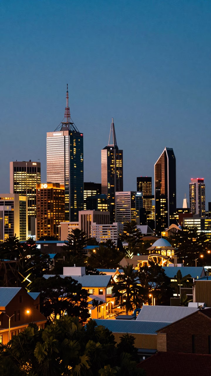 Adelaide City Lights Glow at Dusk with Vintage 1970s Street Scene in in Adelaide, South Australia, Australia