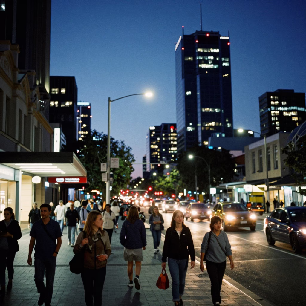 Adelaide City Lights Glow Over Busy South Australian Street Scene at Dusk in in Adelaide, South Australia, Australia