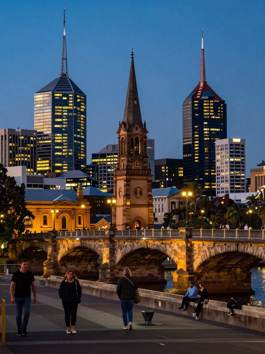 Adelaide City Lights Glow Over Historic Stone Bridge and Riverbank Street Scene at Dusk in in Adelaide, South Australia, Australia