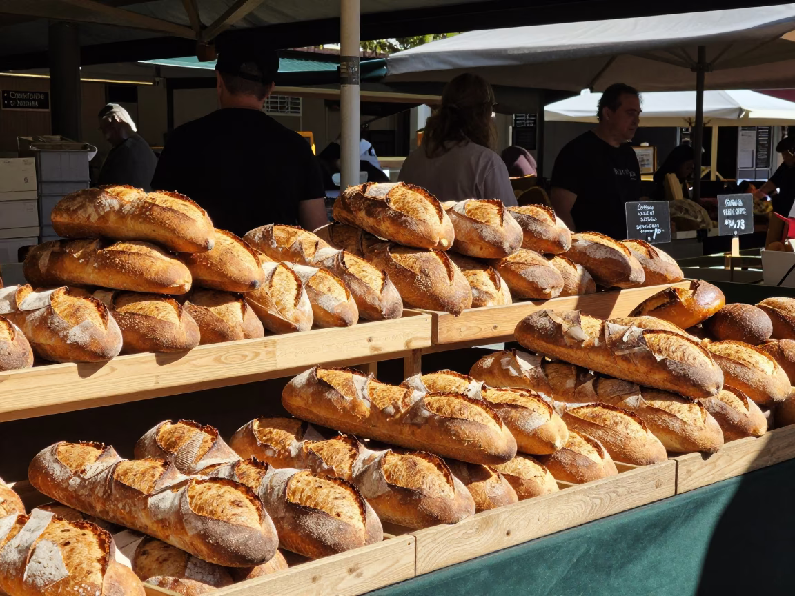 Adelaide City Market Stalls Under Noon Sun With Bread Loaves and Window Boxes in in Adelaide, South Australia, Australia