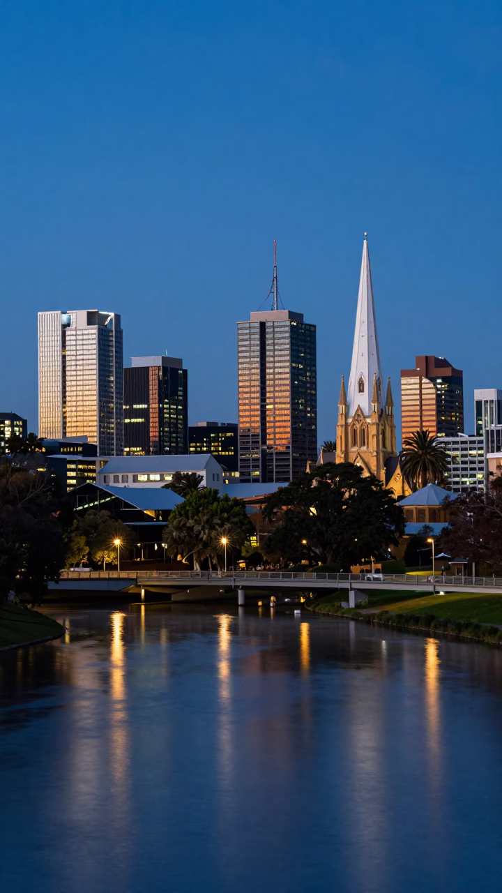 Adelaide City Skyline And River Torrens From The Botanic Garden Promenade in in Adelaide, South Australia, Australia