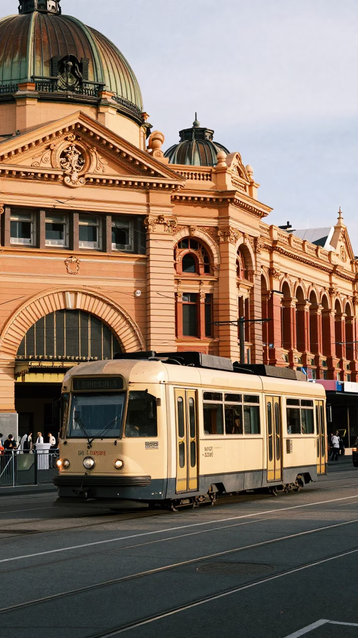 Adelaide City Tram Passing Art Nouveau Style Facades in Early Afternoon Light in in Adelaide, South Australia, Australia