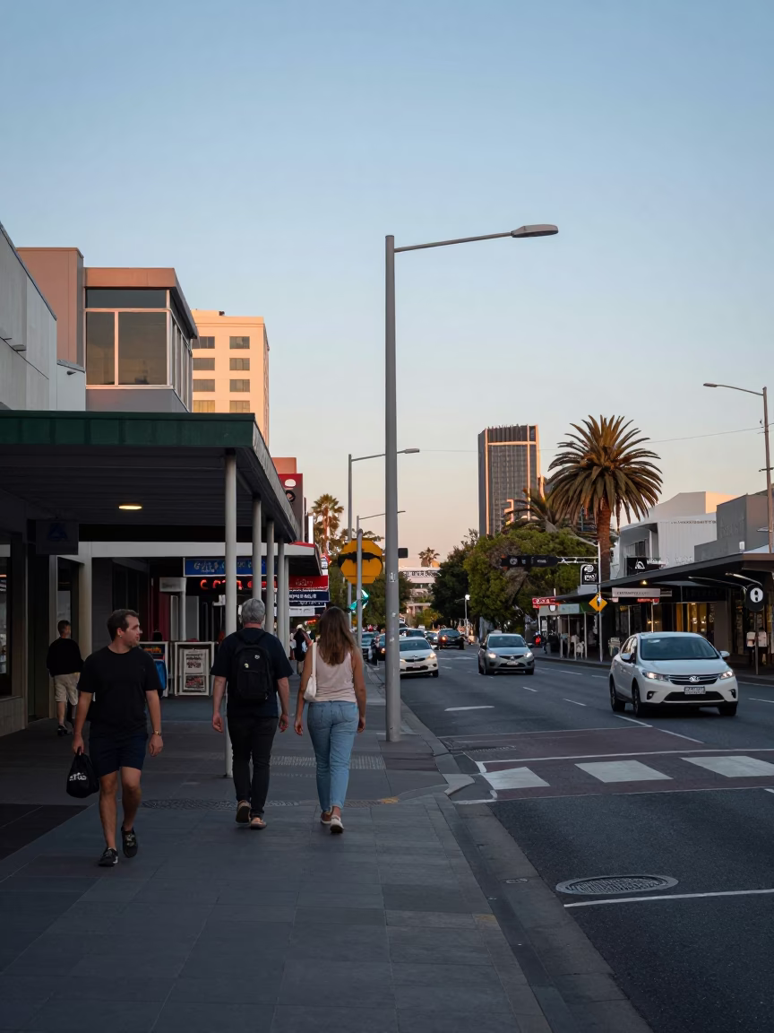 Adelaide City Walk Early Evening Street Scene with Local Shops in in Adelaide, South Australia, Australia