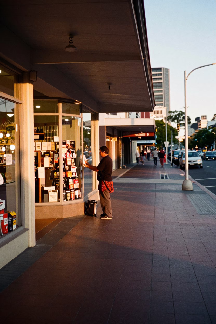 Adelaide City Walkway Late Afternoon Street Scene with Shopkeeper and Traffic in in Adelaide, South Australia, Australia
