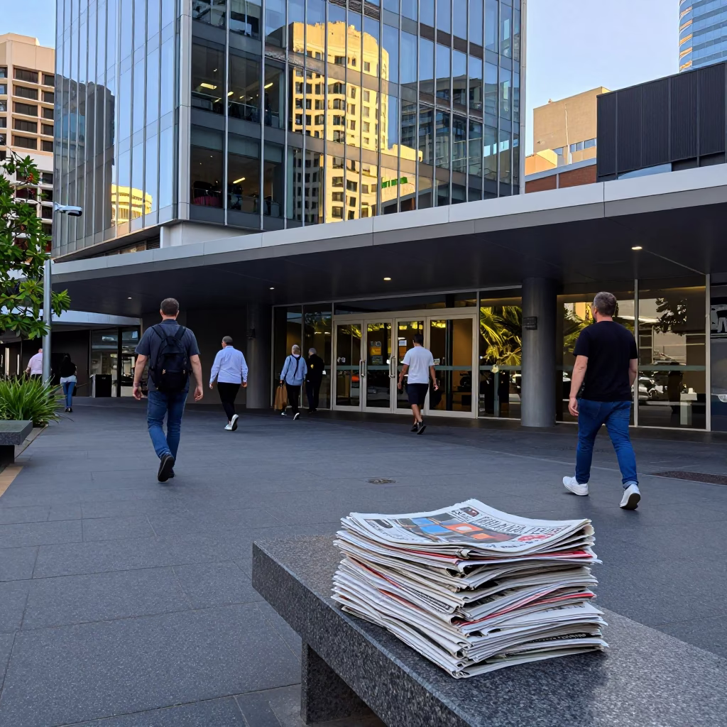 Adelaide City Walkway Late Morning Commuter Passing Newspaper Stack Near Glass Facade in in Adelaide, South Australia, Australia