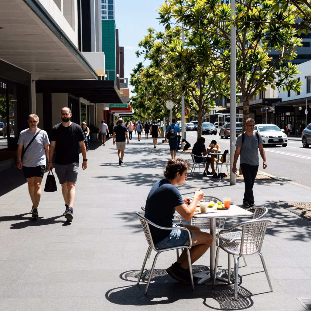 Adelaide City Walkway Noon Sunlight Casual Dining Lunch Scene in in Adelaide, South Australia, Australia