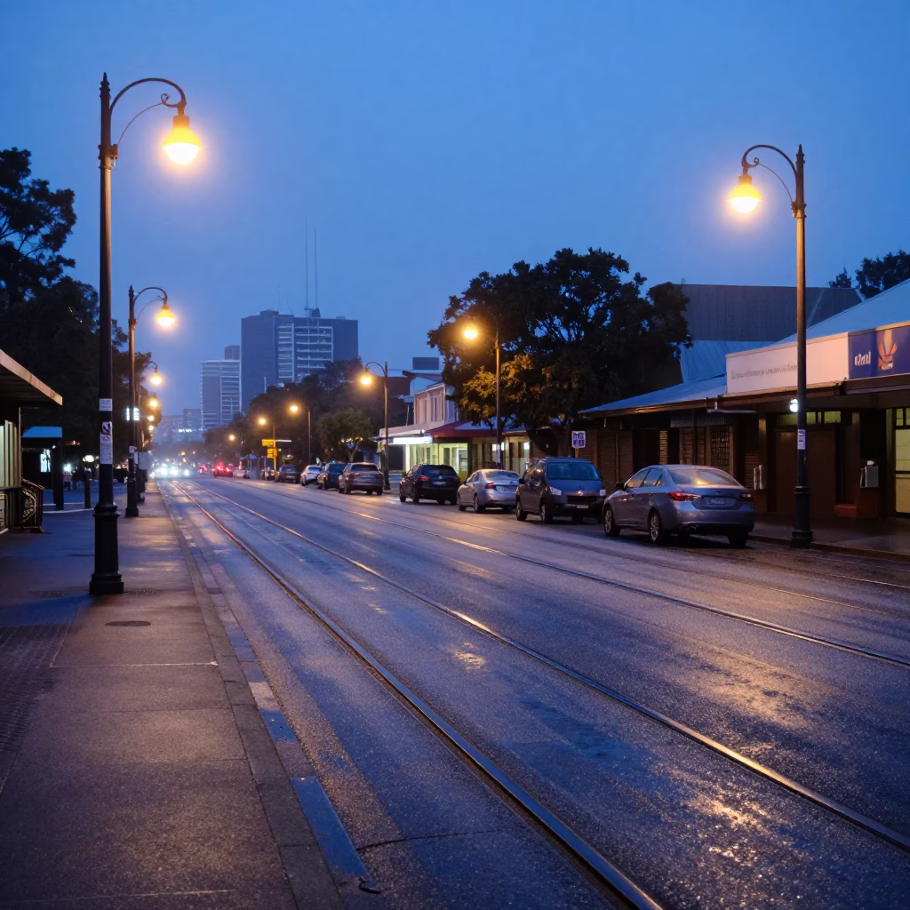 Adelaide Dawn Street Scene with Condensation on Rail and Morning Commute in in Adelaide, South Australia, Australia