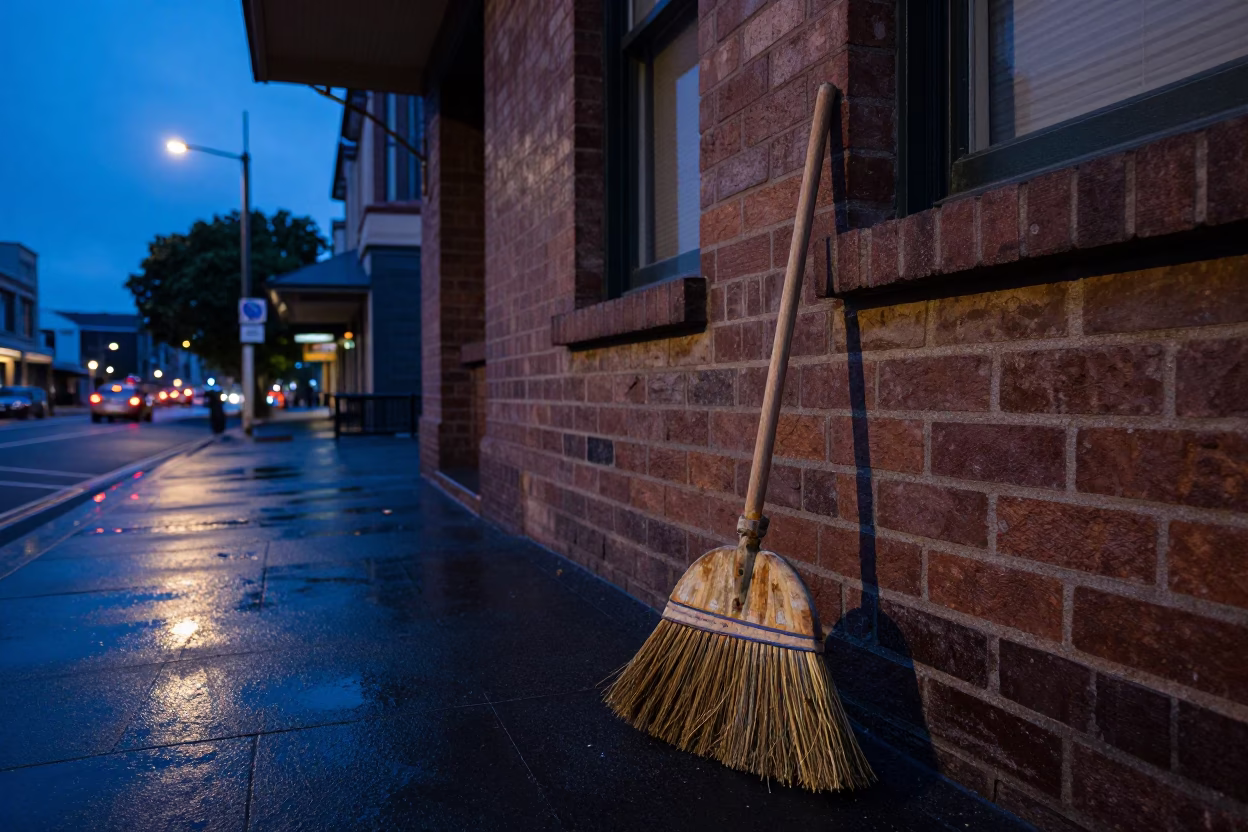 Adelaide Dawn Street Scene with Vintage Broom and Wet Pavement Reflections in in Adelaide, South Australia, Australia