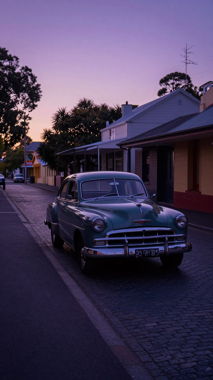 Adelaide Dawn Street Scene with Vintage Car and Cobblestone Alley Before Sunrise in in Adelaide, South Australia, Australia