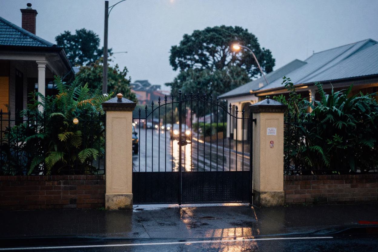 Adelaide Dusk Light Rain Street Scene with Garden Gate and Muffin Tin in in Adelaide, South Australia, Australia