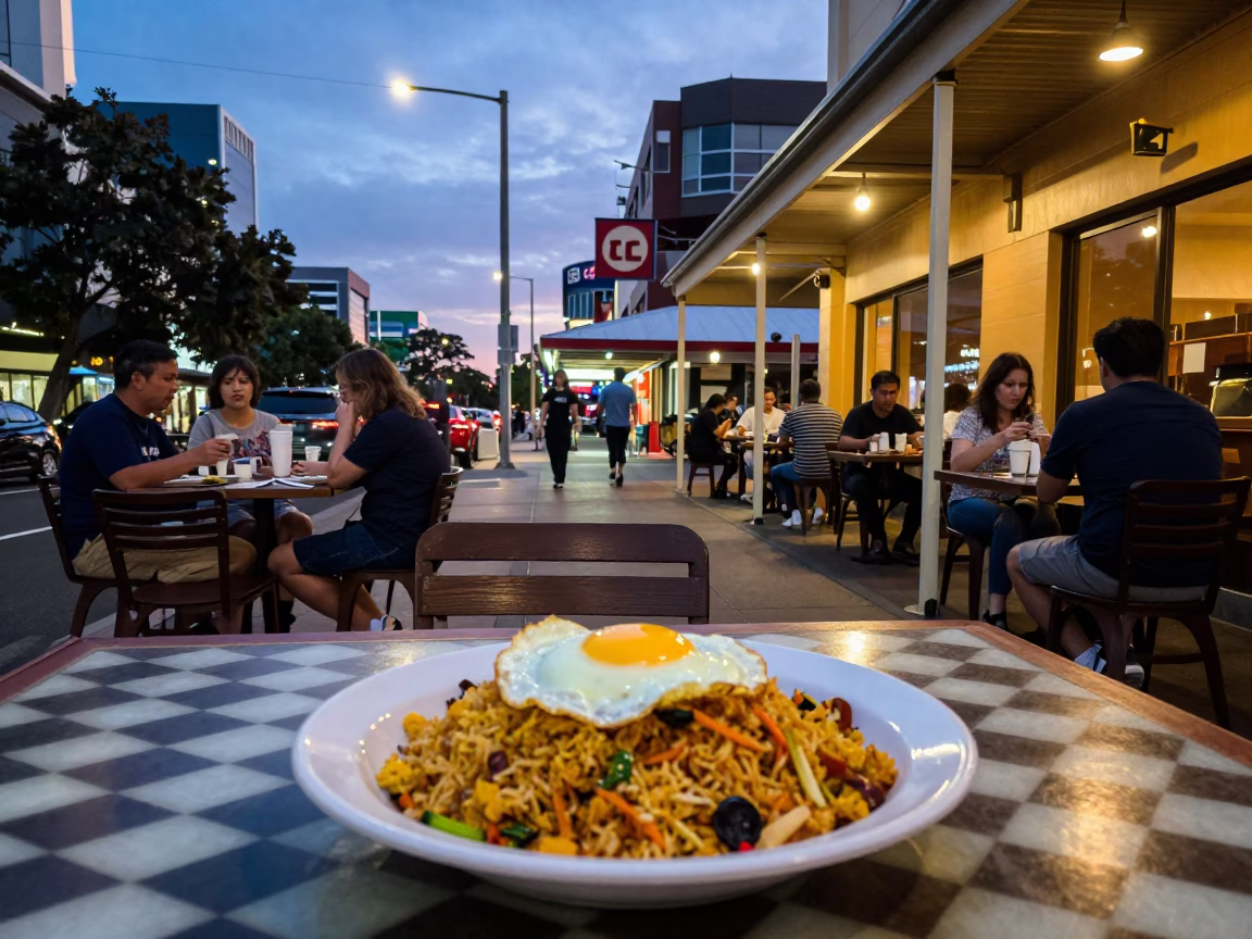 Adelaide Early Evening Street Scene with Local Cafe Dining and Urban Architecture in in Adelaide, South Australia, Australia