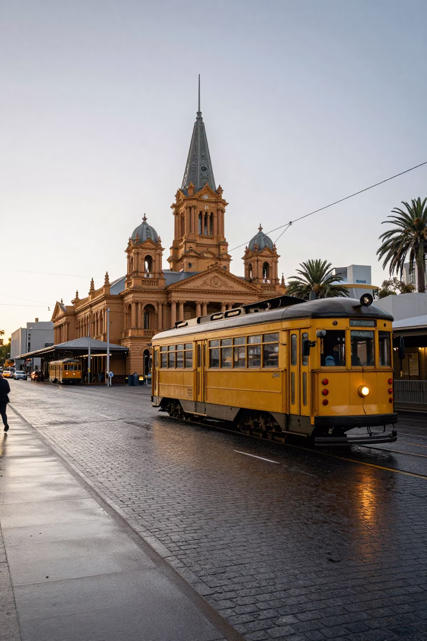 Adelaide early morning street scene with vintage tram and local bakery display in in Adelaide, South Australia, Australia