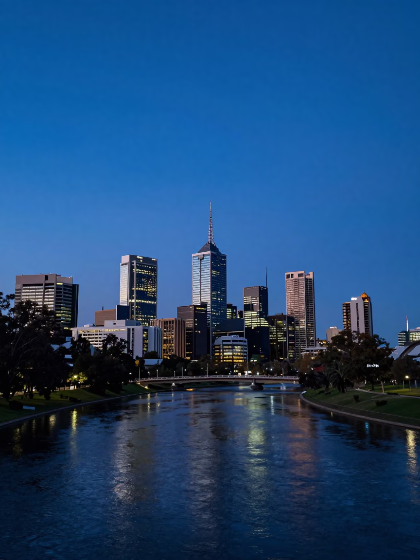 Adelaide Evening Blue Hour Light Over the Torrens River and City Skyline in in Adelaide, South Australia, Australia