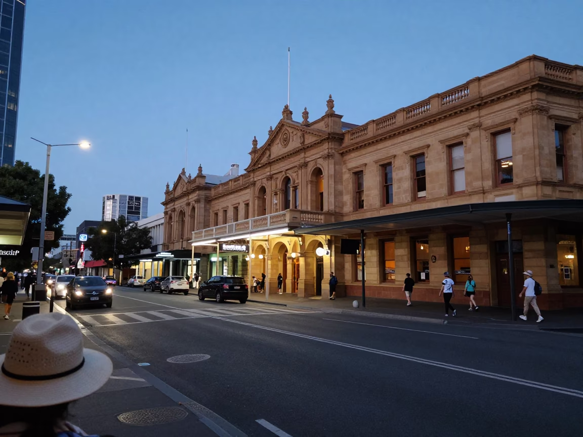 Adelaide Evening Blue Hour Street Scene with Sun Hats and Rattan Stool in in Adelaide, South Australia, Australia