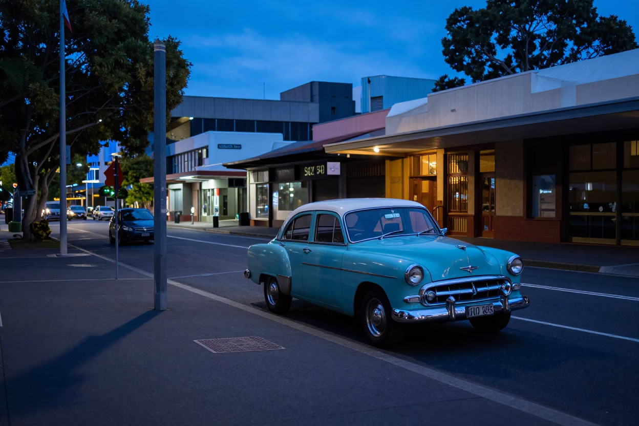 Adelaide Evening Blue Hour Street Scene with Vintage Car and Tram Lines in in Adelaide, South Australia, Australia