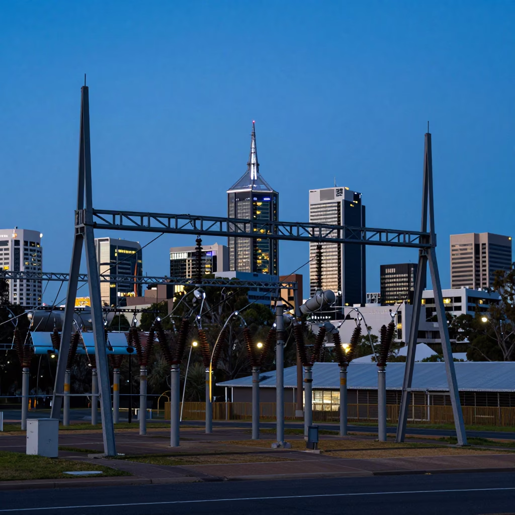 Adelaide Evening Dusk Scene with Substation Busbars and Urban Infrastructure in in Adelaide, South Australia, Australia