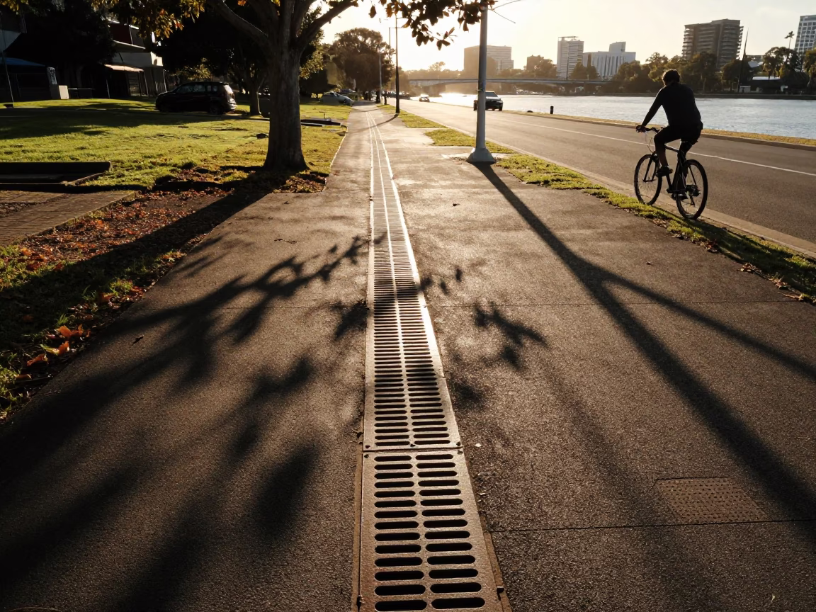 Adelaide Evening Light on Leaf Shadows and Drain with Local Street Scene in in Adelaide, South Australia, Australia