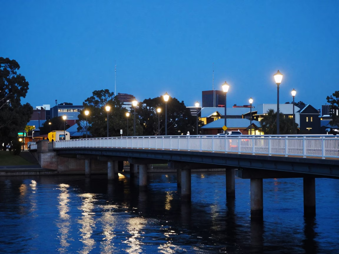 Adelaide evening street scene with bridge pier and lanterns at dusk in in Adelaide, South Australia, Australia