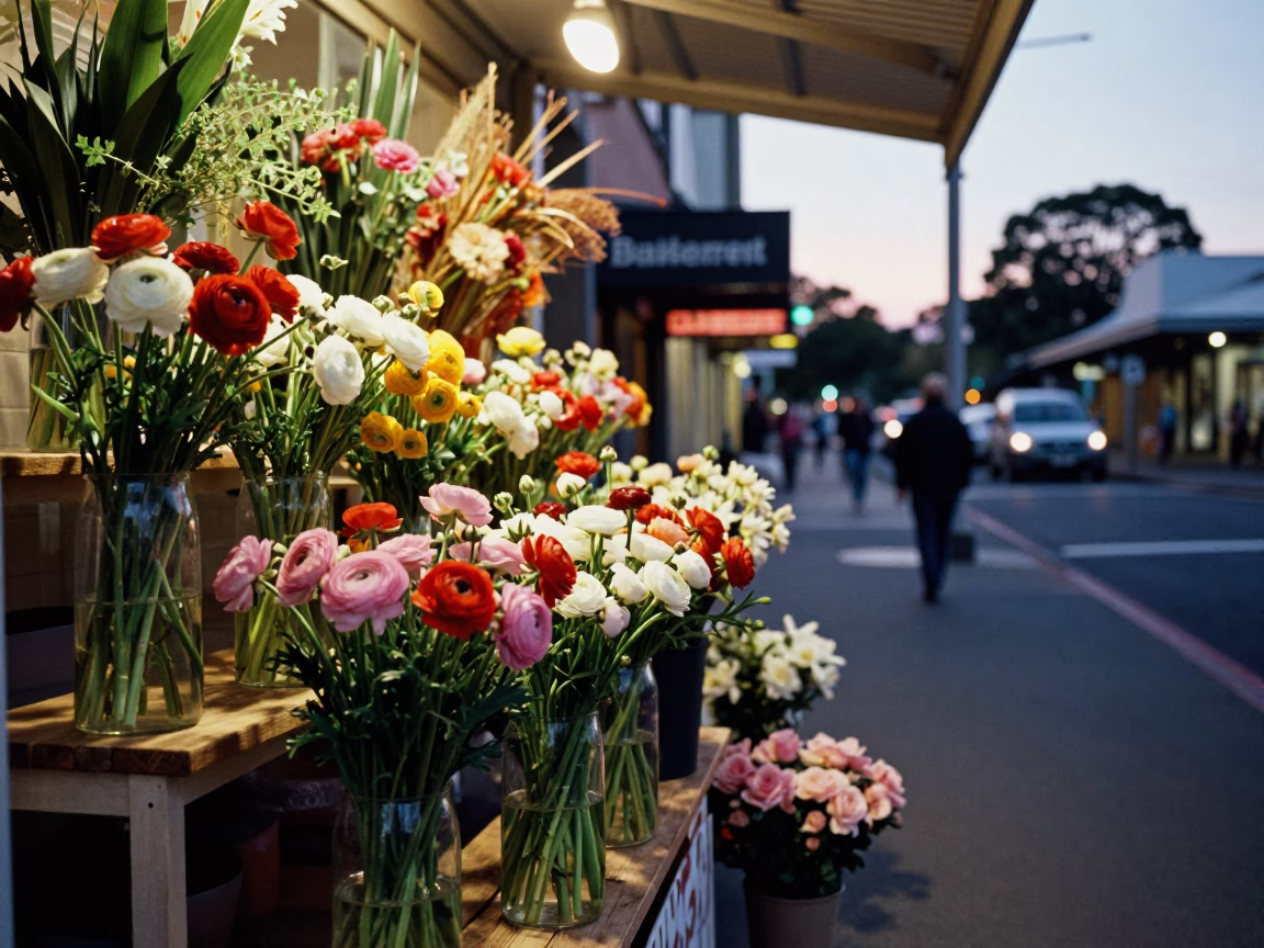 Adelaide Evening Street Scene with Flower Shop Display and Urban Architecture in in Adelaide, South Australia, Australia
