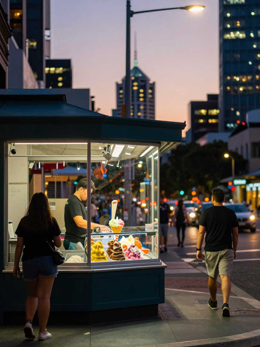 Adelaide Evening Street Scene with Gelato Display and City Lights in in Adelaide, South Australia, Australia