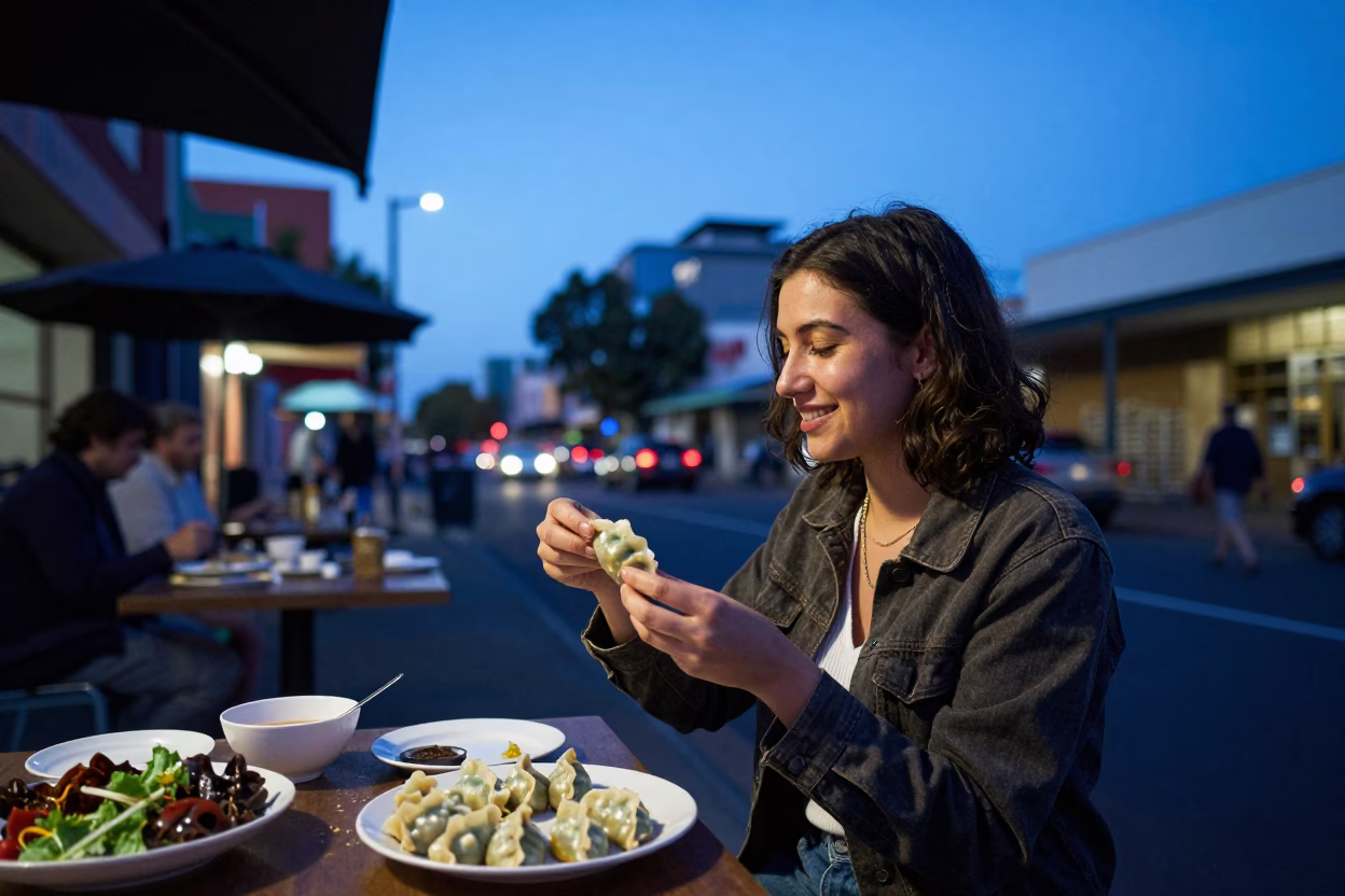 Adelaide Evening Street Scene with Gyoza and Local Life in Blue Light in in Adelaide, South Australia, Australia