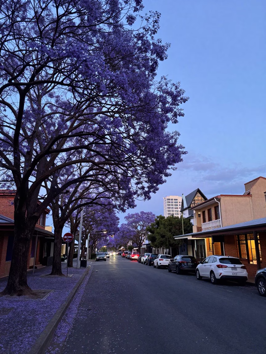 Adelaide evening street scene with jacaranda tree in purple bloom and city lights in in Adelaide, South Australia, Australia
