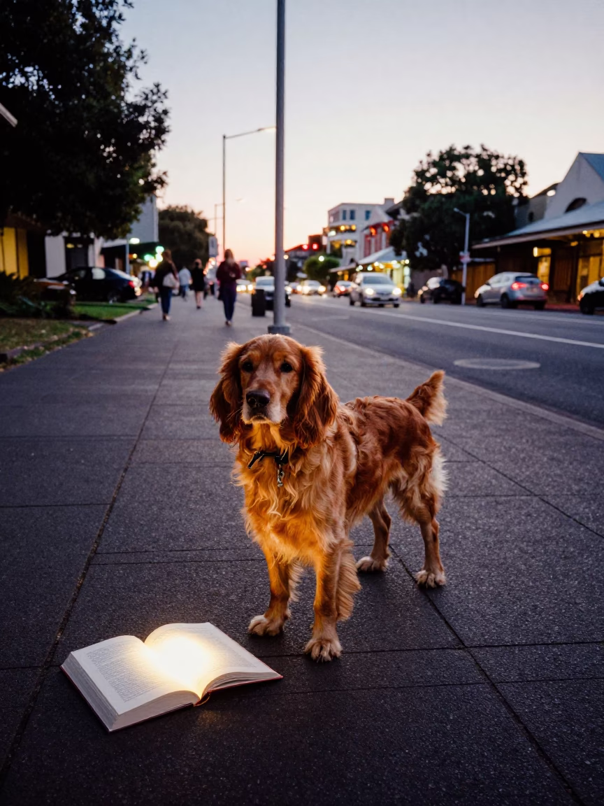 Adelaide Evening Street Scene with Sussex Spaniel and Book Light in South Australia in in Adelaide, South Australia, Australia