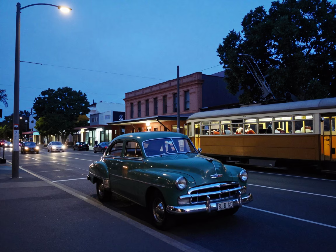 Adelaide Evening Street Scene with Vintage Car and Tram in South Australia in in Adelaide, South Australia, Australia