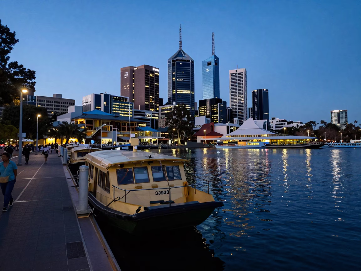 Adelaide Evening Street Scene with Water Taxi Dock and Urban Activity in South Australia in in Adelaide, South Australia, Australia