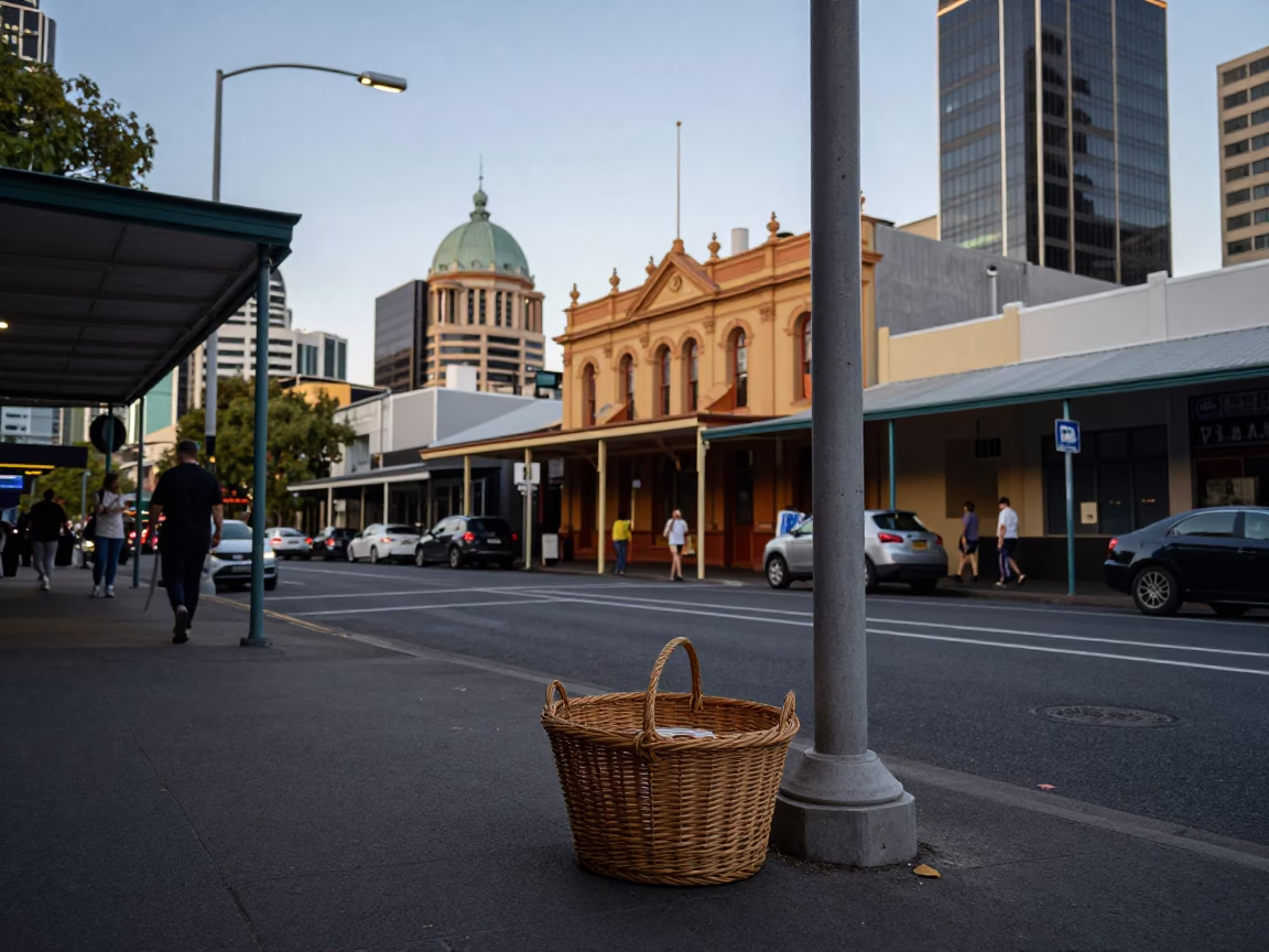Adelaide Evening Street Scene with Wicker Basket and Local Shop Display in South Australia in in Adelaide, South Australia, Australia