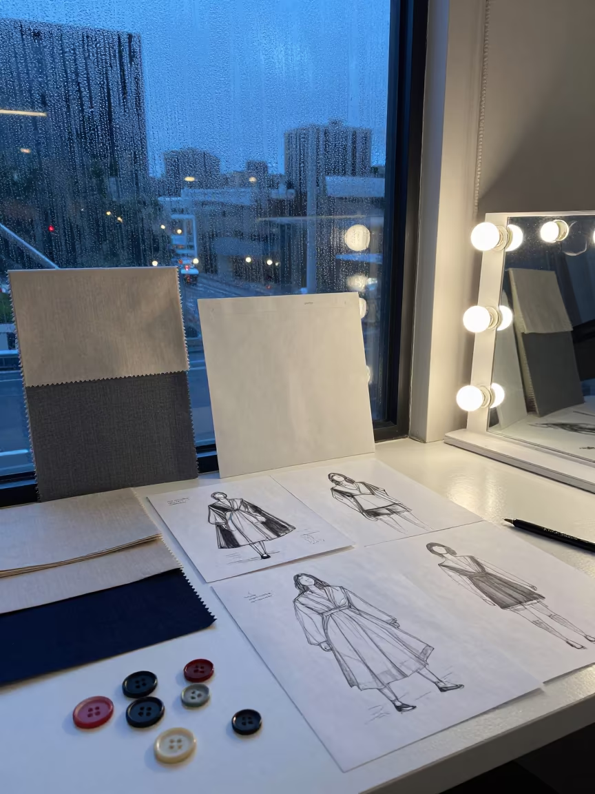 Adelaide Fashion Atelier Mood Board at Twilight in beside a mirror lined with makeup bulbs in Adelaide