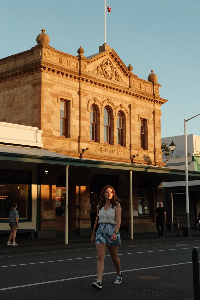 Adelaide Golden Hour Street Scene with Vintage Fashion and Local Details in in Adelaide, South Australia, Australia