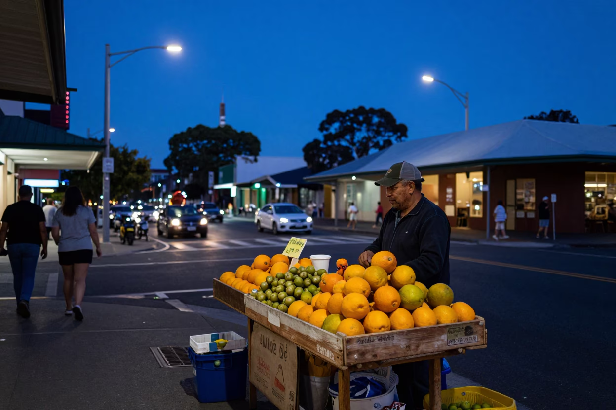 Adelaide Indigo Twilight Street Scene with Local Fruit Vendor and Wicker Basket Shadow in in Adelaide, South Australia, Australia