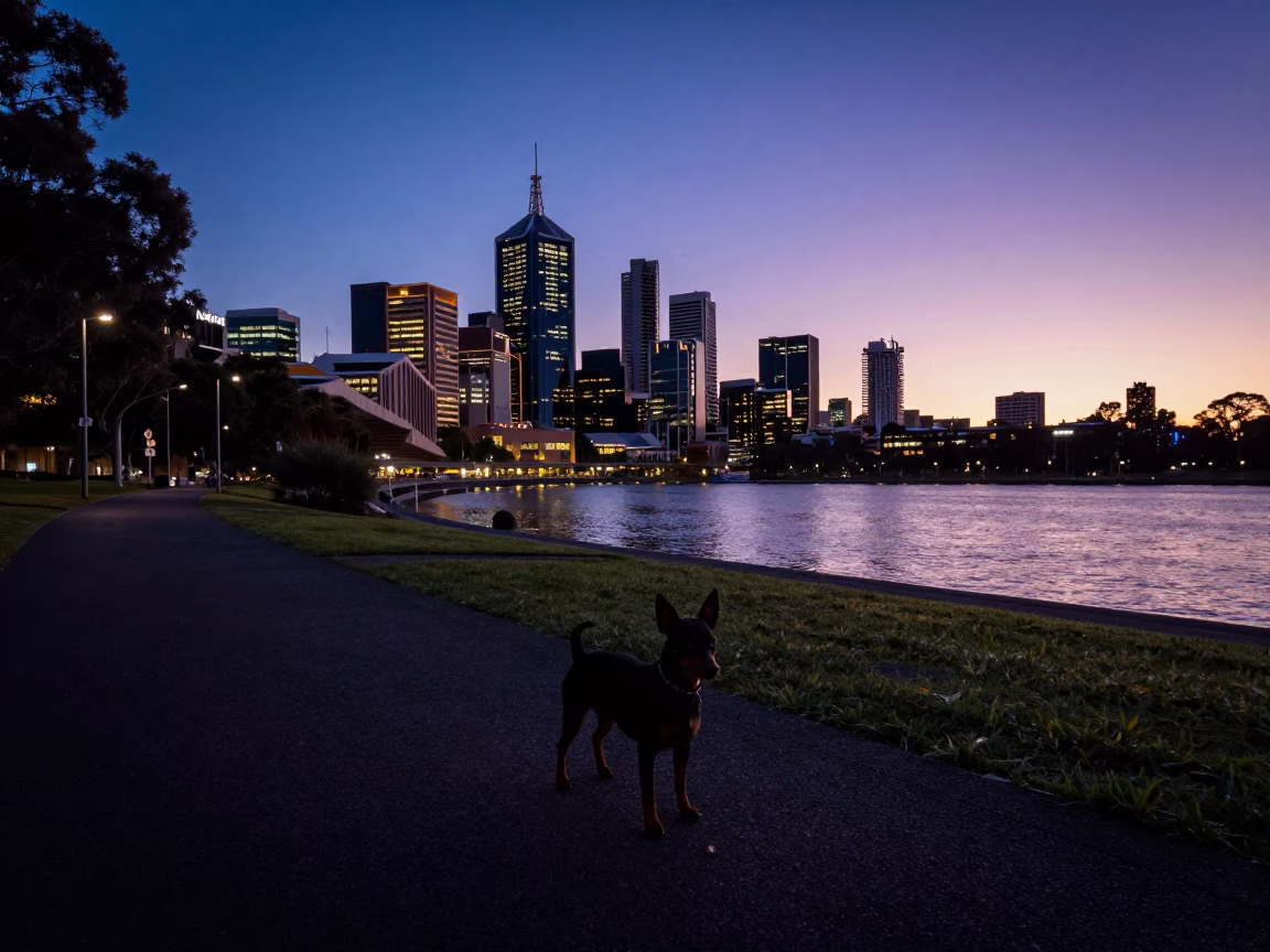 Adelaide Indigo Twilight Street Scene with Miniature Pinscher and Punt on River Torrens in in Adelaide, South Australia, Australia