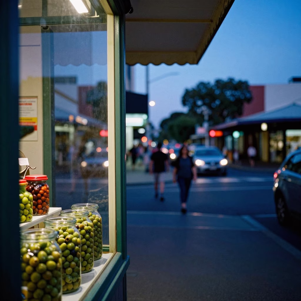 Adelaide Indigo Twilight Street Scene with Olives and Doorknob Detail in in Adelaide, South Australia, Australia