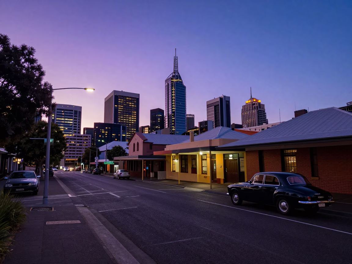 Adelaide Indigo Twilight Street Scene with Vintage Car and Local Diner in in Adelaide, South Australia, Australia
