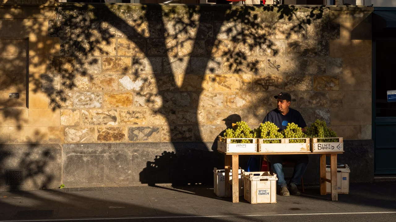 Adelaide Late Morning Street Scene with Grape Harvest and Leaf Shadows in in Adelaide, South Australia, Australia