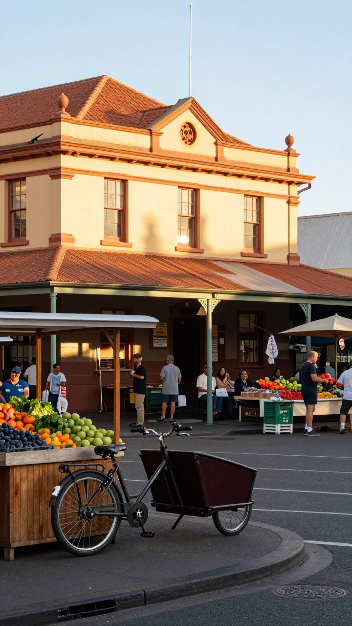 Adelaide Morning Market Scene with Bicycle and Local Produce After Sunrise in in Adelaide, South Australia, Australia