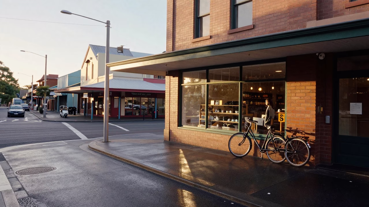 Adelaide Morning Street Scene with Bicycle and Bakery Window Condensation at Dawn in in Adelaide, South Australia, Australia