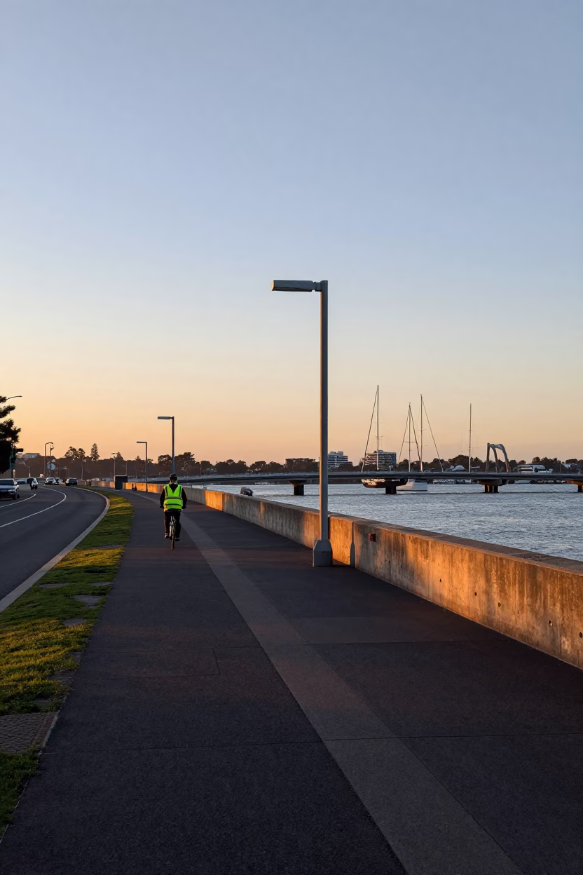 Adelaide Nautical Dawn Street Scene with Bridge Pier and Local Commuter in in Adelaide, South Australia, Australia