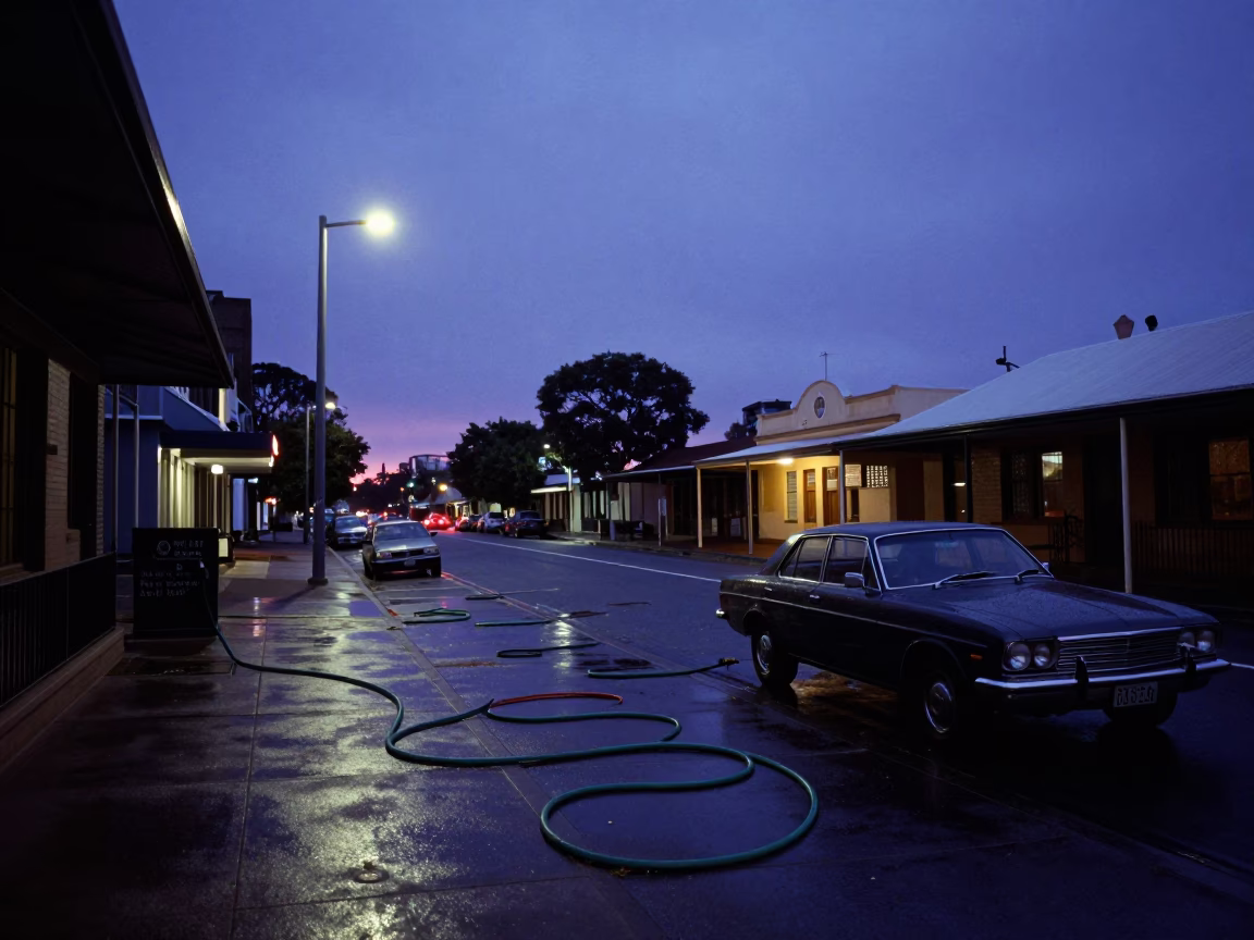 Adelaide Nautical Dawn Street Scene with Garden Hose and Local Life in in Adelaide, South Australia, Australia